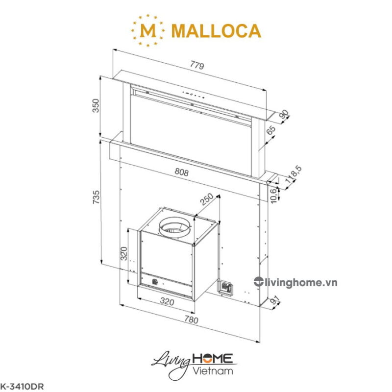 Kích thước máy hút mùi âm bàn Malloca K-3410DR 