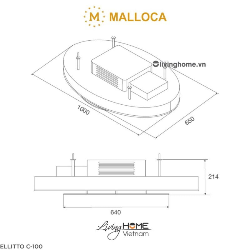 Kích thước máy hút mùi âm trần Malloca ELLITTO C-100 