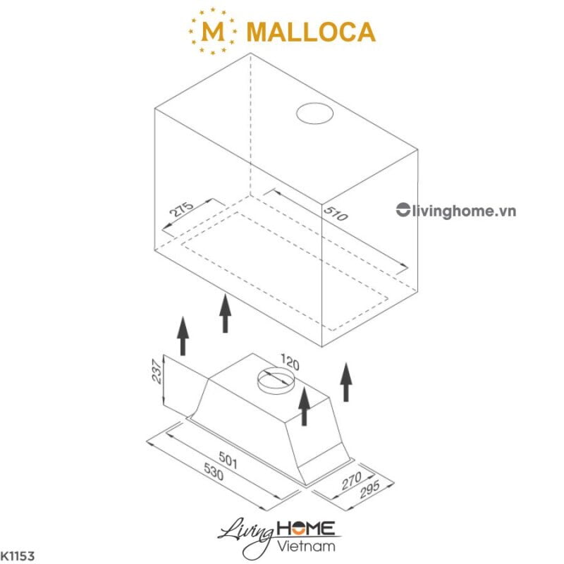 Kích thước máy hút mùi áp tường Malloca K1153