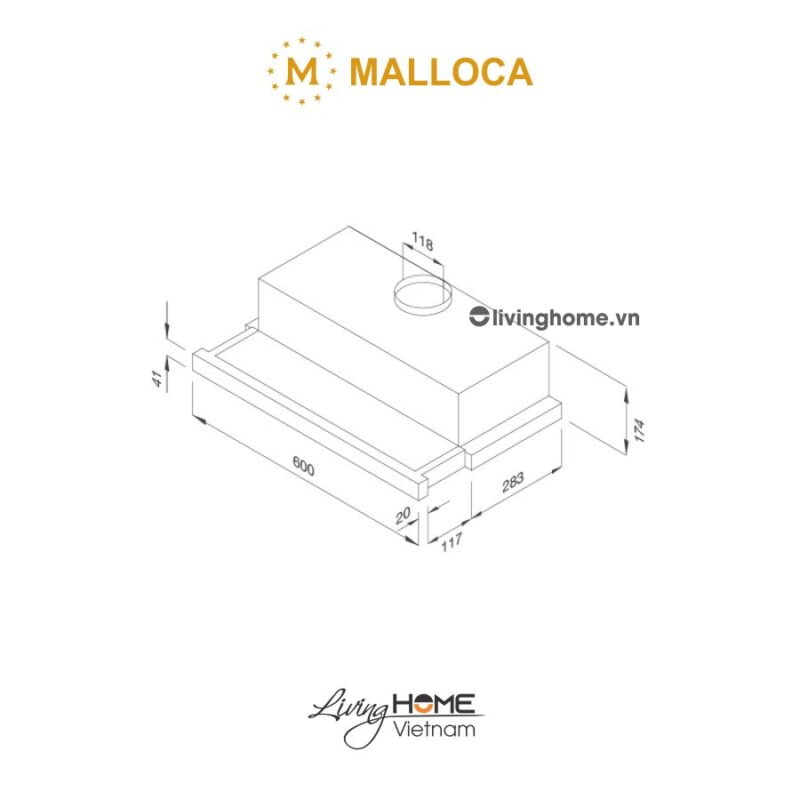 Kích thước máy hút mùi âm tủ Malloca K1506 