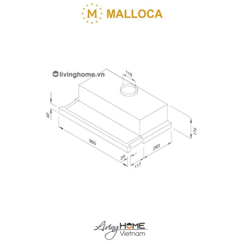 Kích thước của máy hút mùi âm tủ Malloca K1509 TC
