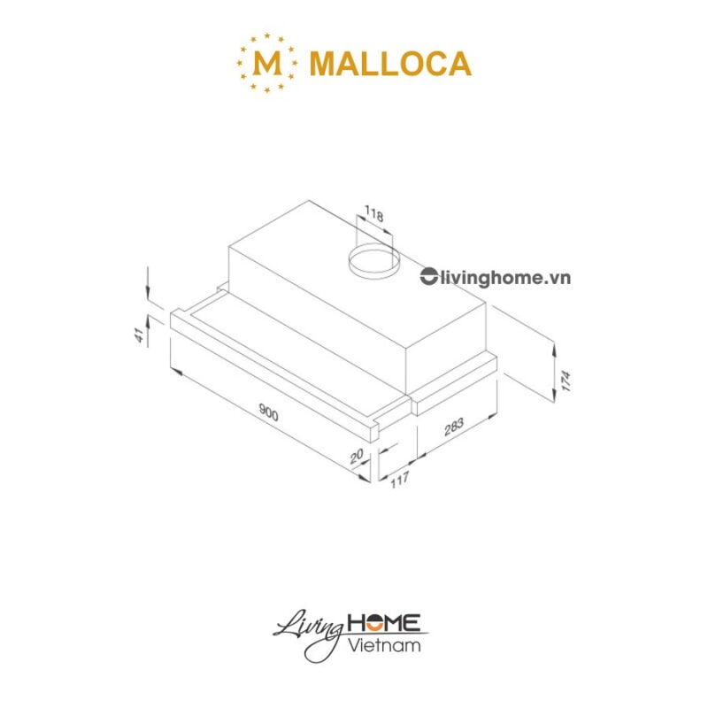 Kisch thước của máy hút mùi âm tủ Malloca K1509 