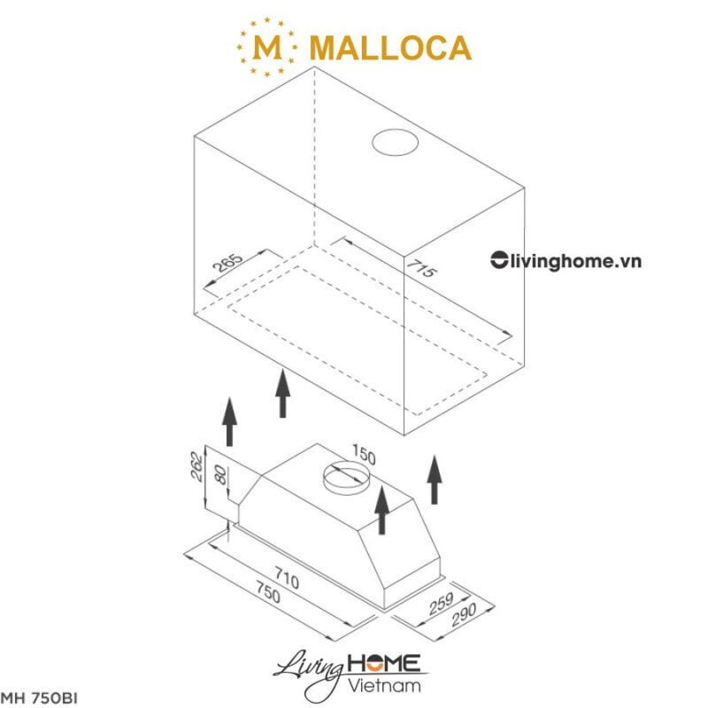 Kisvh thước của máy hút mùi âm tủ Malloca MH 750BI 