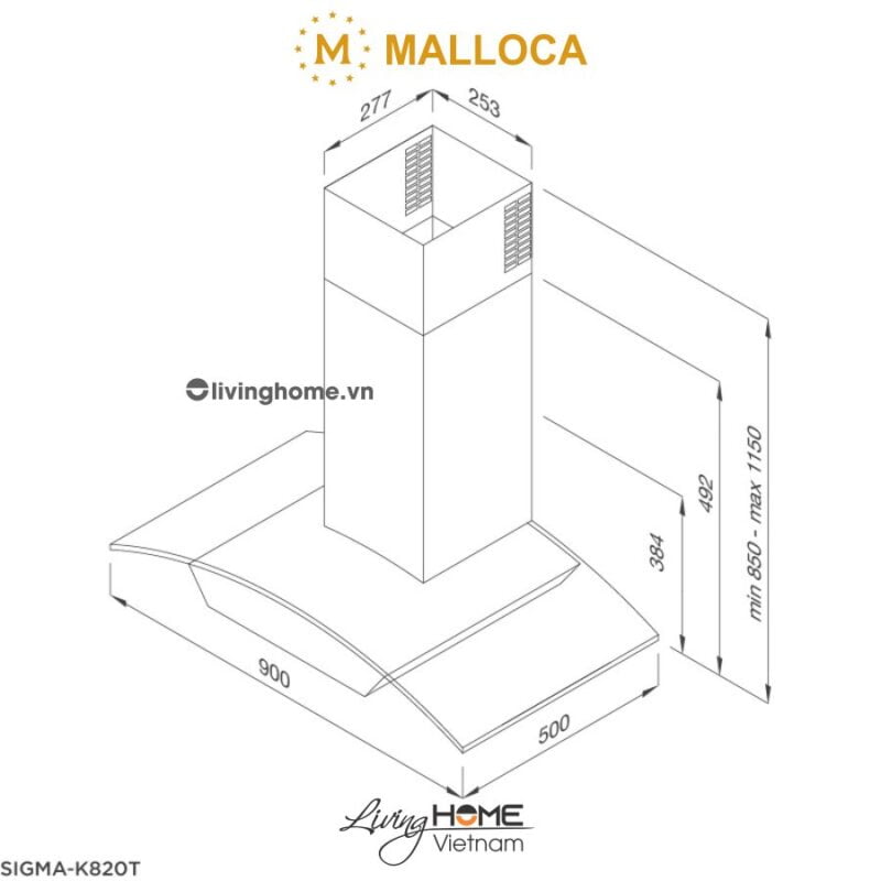 Kích thước máy hút mùi áp tường Malloca SIGMA K820T