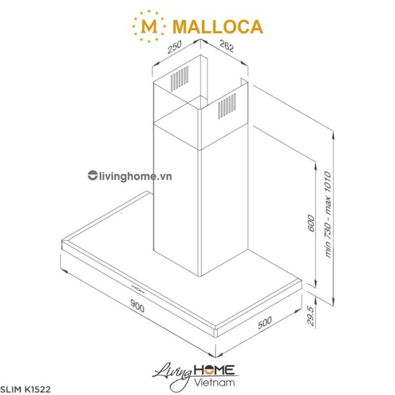 Kích thước máy hút mùi áp tường Malloca SLIM K1522