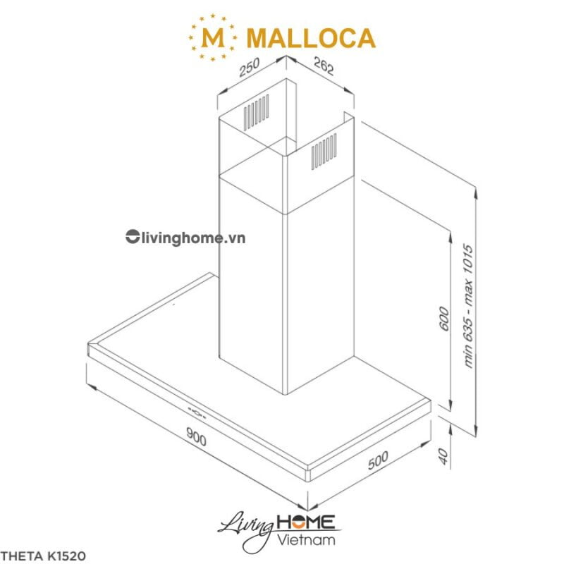 Kích thước máy hút mùi áp tường Malloca THETA K1520