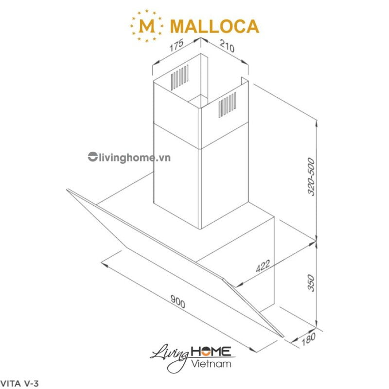Kích thước máy hút mùi áp tường Malloca VITA V-3