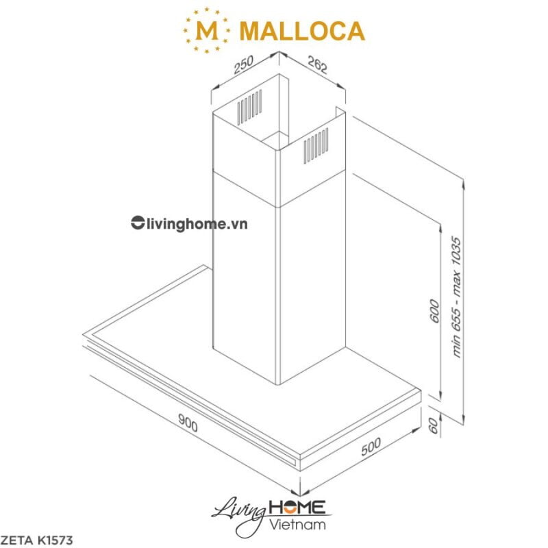 Kích thước máy hút mùi áp tường Malloca ZETA K1573