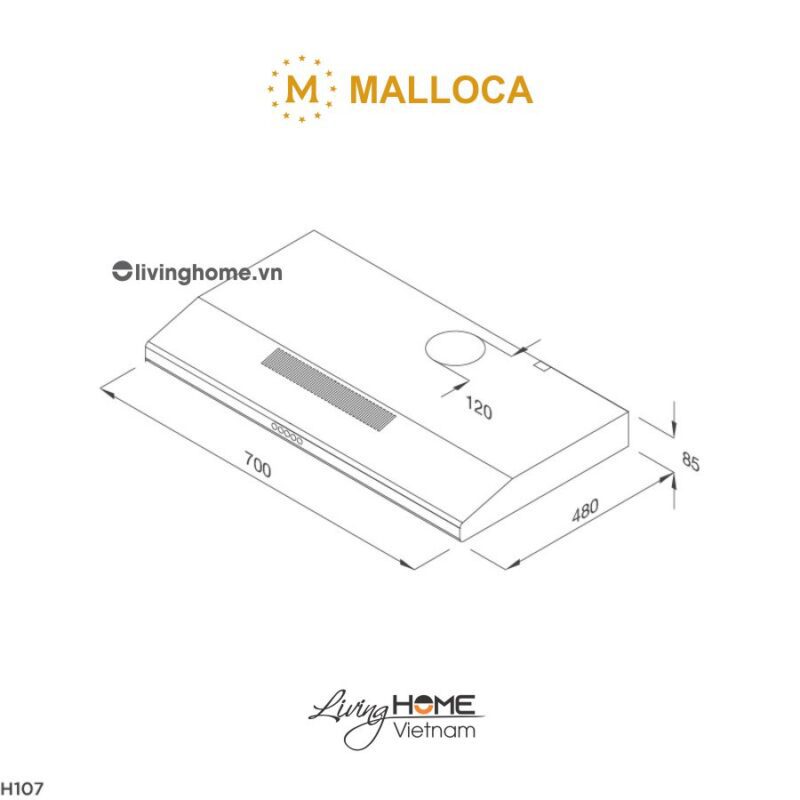 Kích thước máy hút mùi Malloca H107
