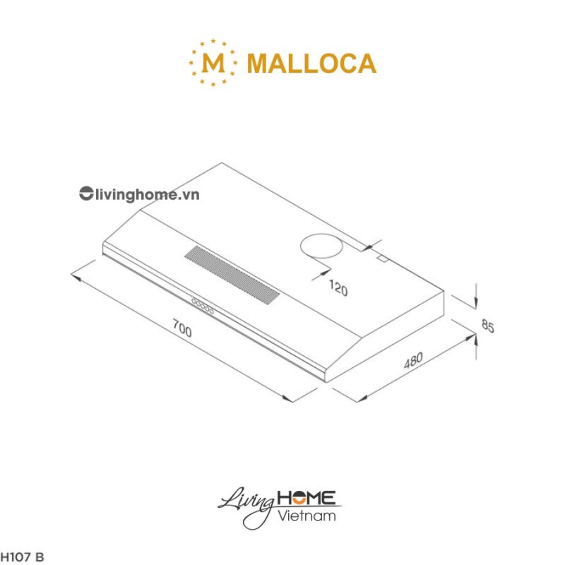 Kích thước máy hút mùi Malloca H107B