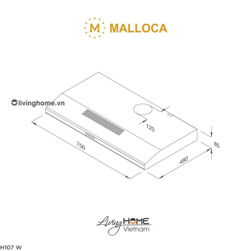 Kích thước máy hút mùi Malloca H107W