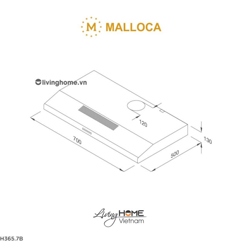 Kích thước máy hút mùi Malloca H365.7B