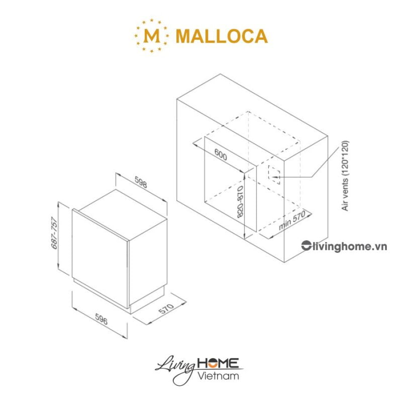 Kích thước máy rửa chén Malloca MDW14-B09FI 
