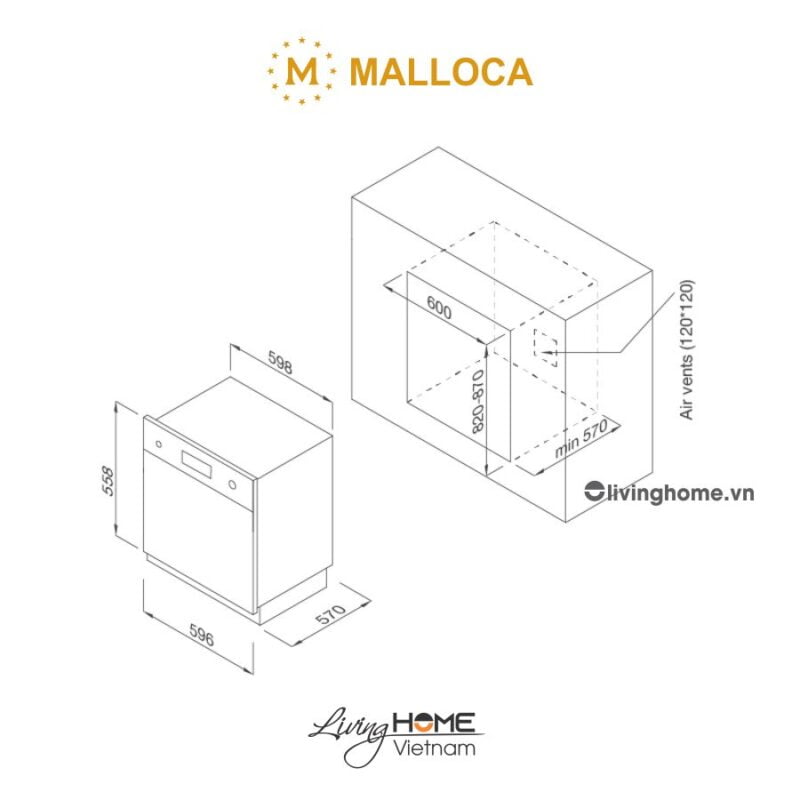 Kích thước máy rửa chén Malloca MDW14-S08SI