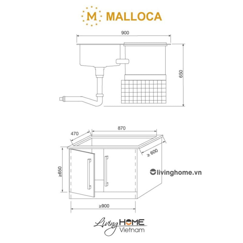 Kích thước máy rửa chén Malloca WQP6-890F4 