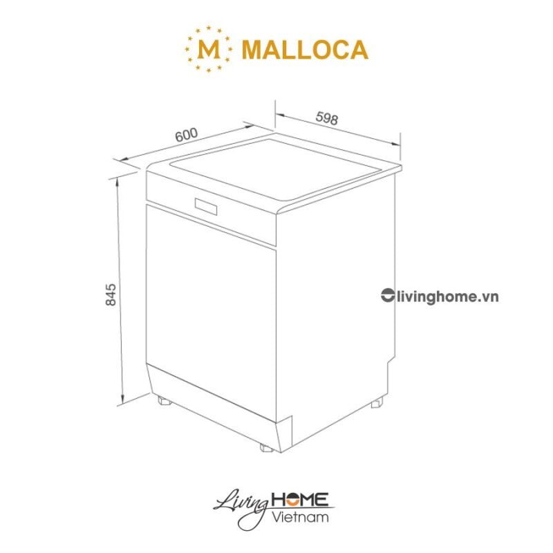 Kích thước máy rửa chén Malloca WQP12-5201E 