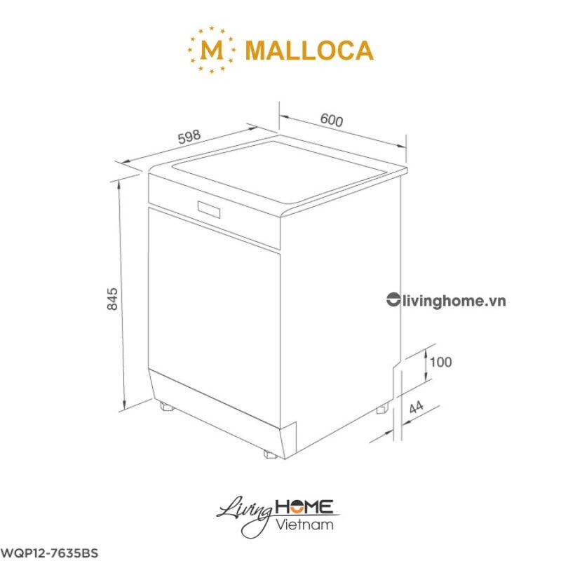 Kích thước máy rửa chén Malloca WQP12-7635BS 