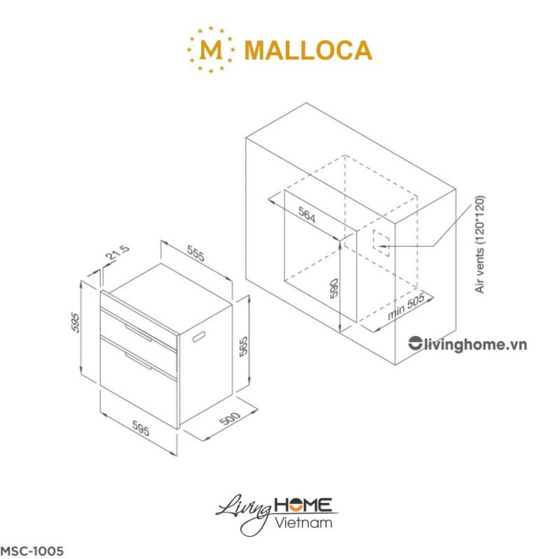 Kích thước máy sấy chén Malloca MSC-1005 