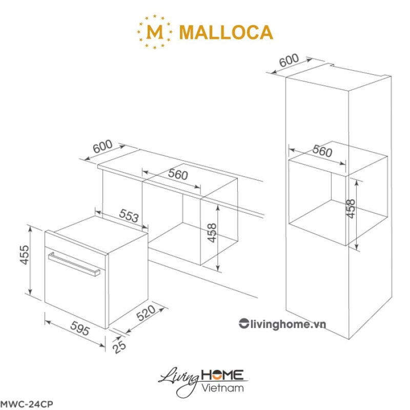 Kích thước tủ bảo quản rượu Malloca MWC-24CP