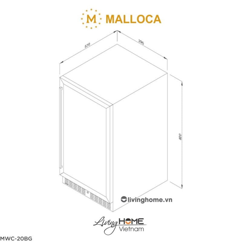 Kích thước tủ bảo quản rượu Malloca MWC-20BG 