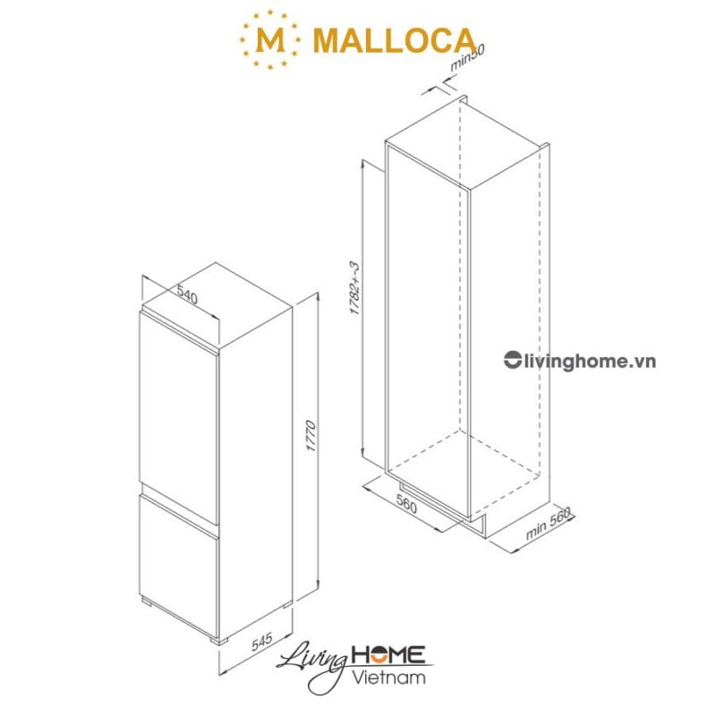 Kích thước tủ lạnh Malloca MF-246EBI 