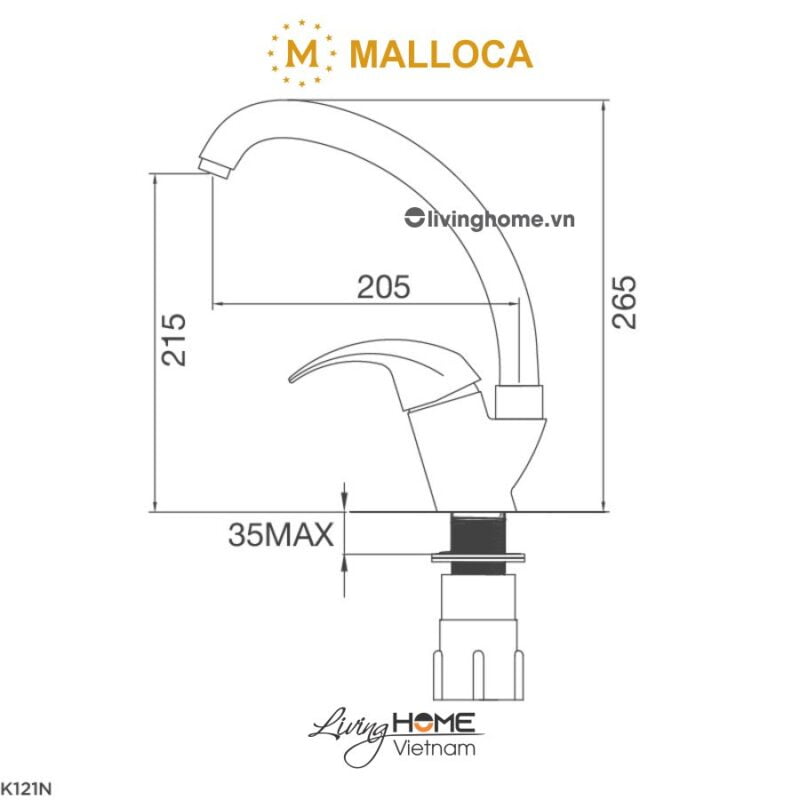 Kích thước vòi rửa chén Malloca K121N 