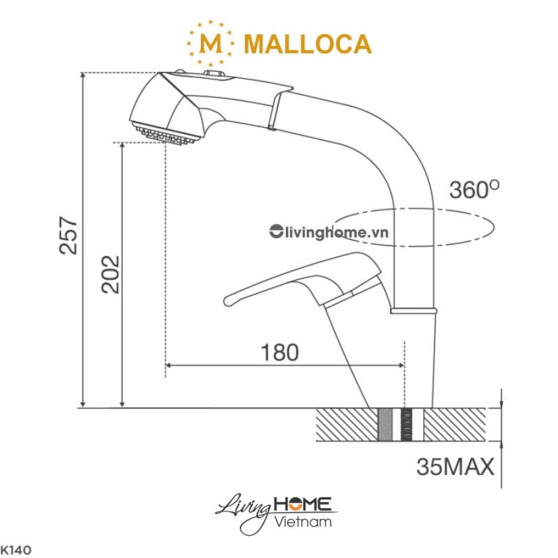 Kích thước vòi rửa chén Malloca K140 