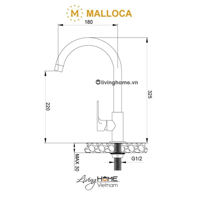 Kích thước vòi rửa chén Malloca K1603CL 