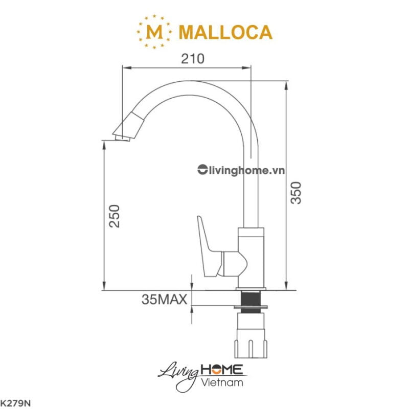 Kích thước vòi rửa chén Malloca K279N 