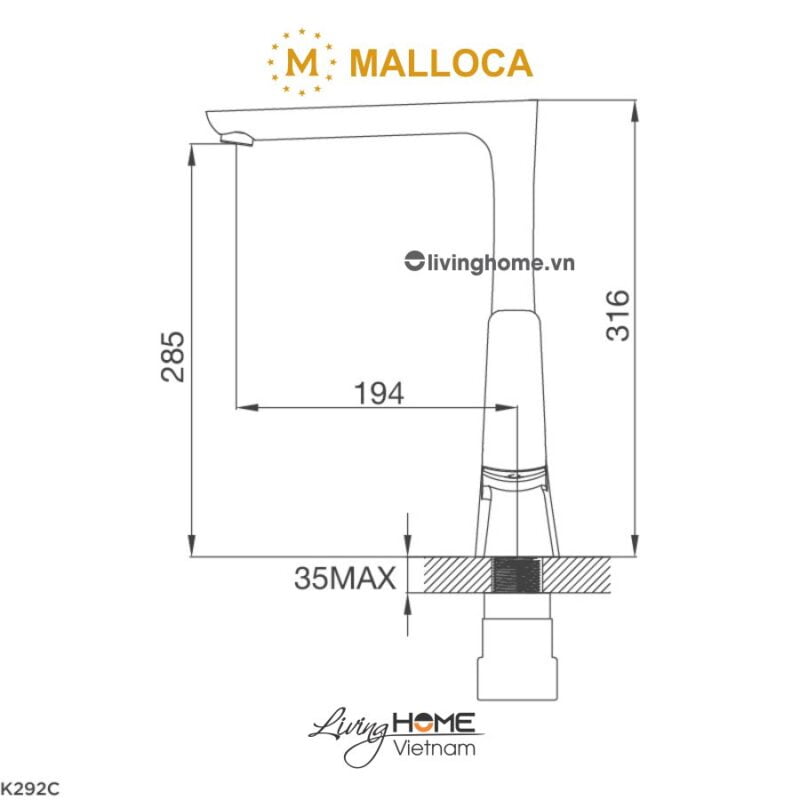 Kích thước vòi rửa chén Malloca K292C 