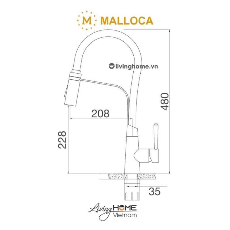 Kích thước vòi rửa chén Malloca K596S 