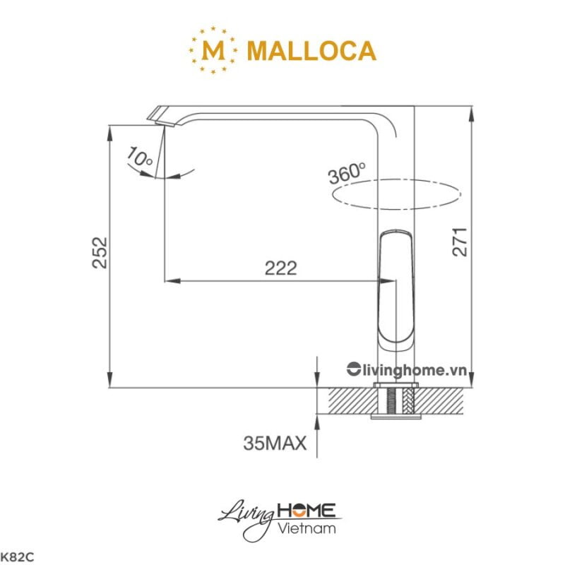Kích thước vòi rửa chén Malloca K82C 