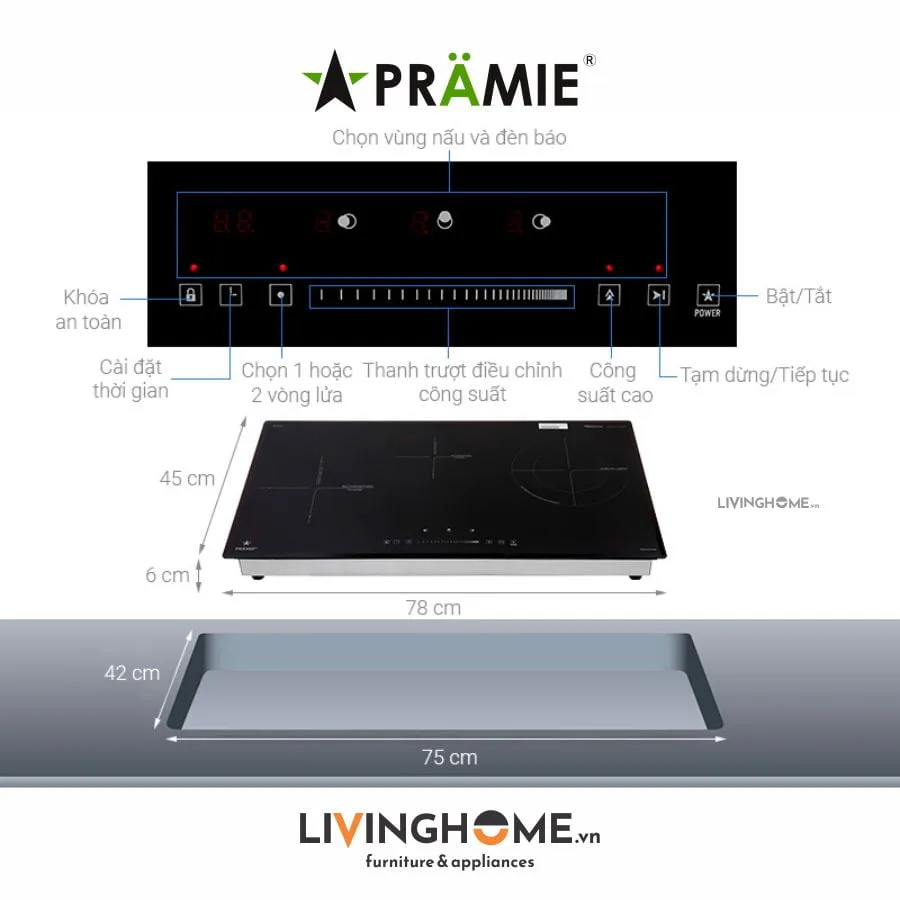 Bếp Điện Từ Pramie PRTH 3201 78CM 2 Từ 1 Điện Kính Ceramic 12 Bếp điện từ Pramie PRTH 320