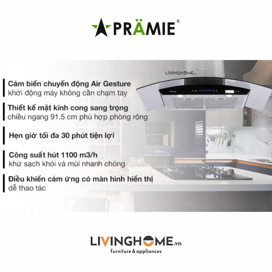 Máy hút mùi Pramie AC17 900 kính cong hiện đại động cơ mạnh 17 Máy hút mùi Pramie AC17 900