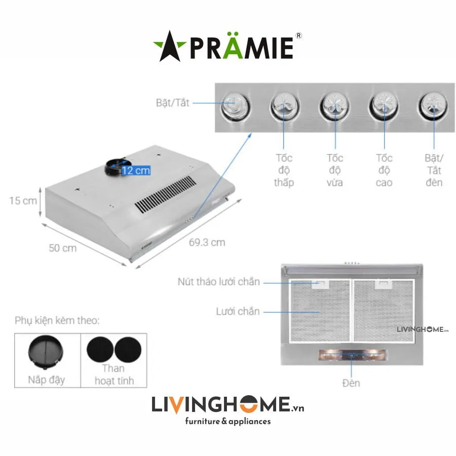 Máy hút mùi Pramie CL9S 700 cổ điển thiết kế kim loại sang trọng 20 Máy hút mùi Pramie CL9S 700