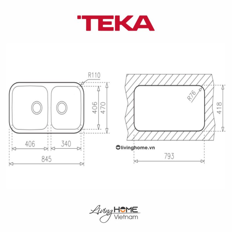 Chậu rửa Teka BE 2B 845 R lắp âm 2 hộc rửa 