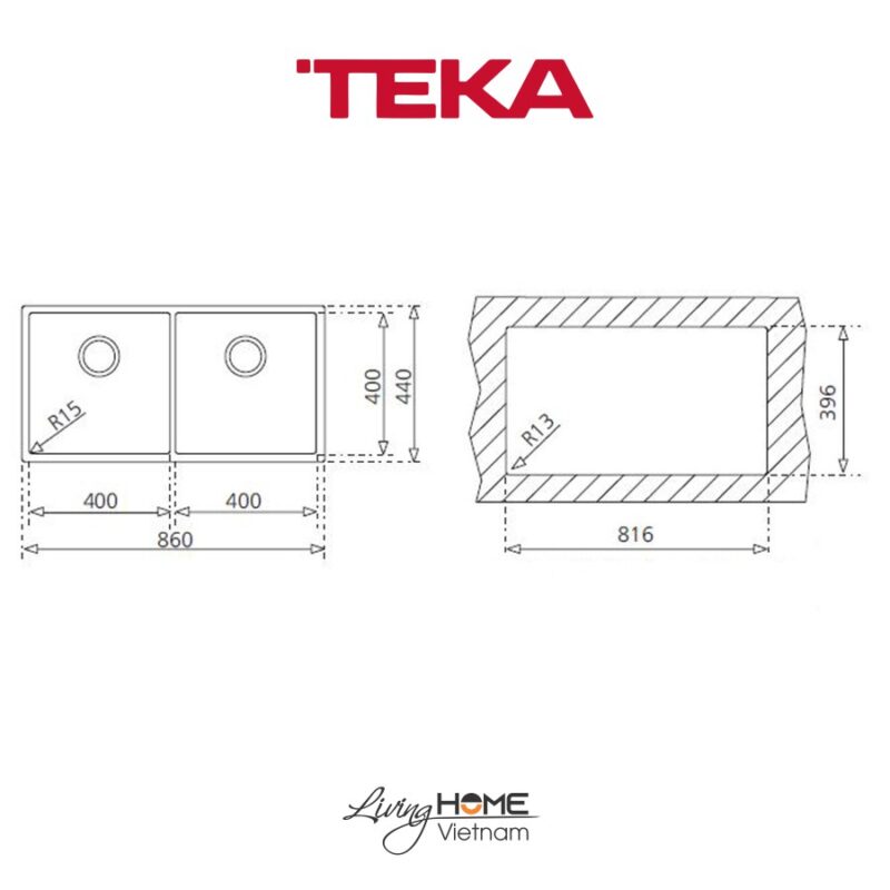 Chậu rửa Teka BE LINEA RS15 2B 860 lắp âm 2 hộc rửa 86cm