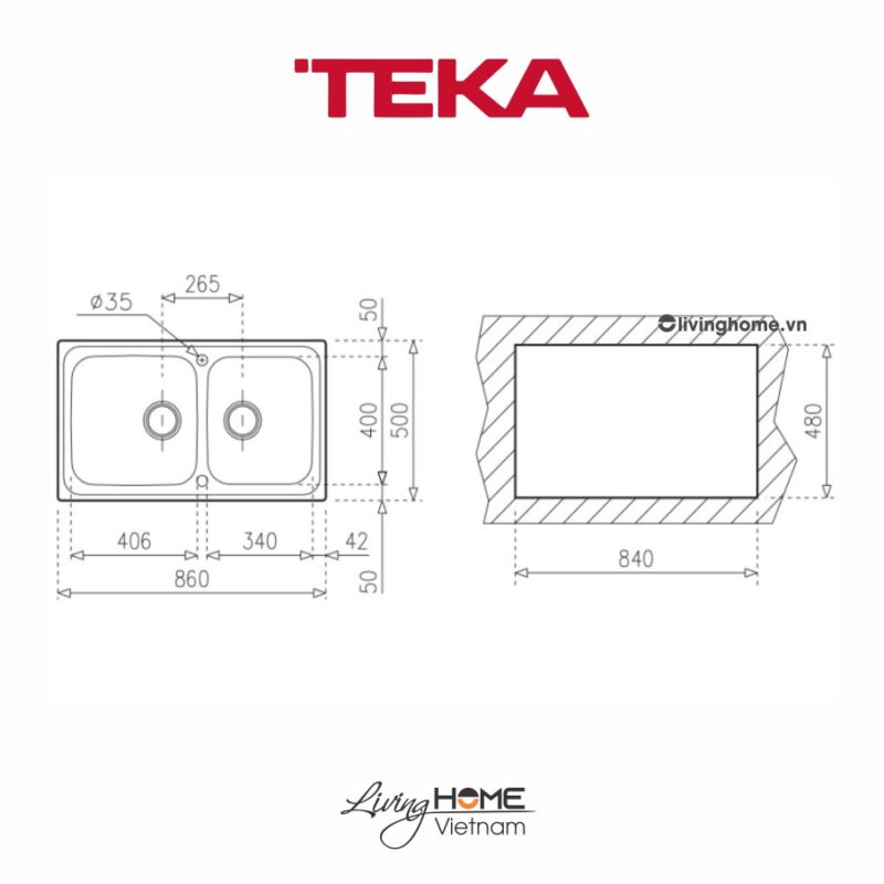 Chậu rửa Teka CLASSIC 2B 86 lắp nổi 2 hộc rửa 86cm