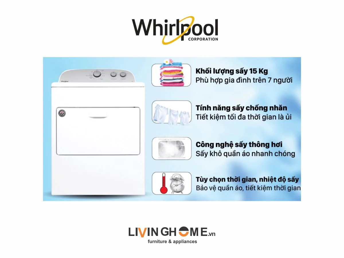Máy Sấy Whirlpool 3LWED4815FW 15 Kg, Sấy Thông Hơi 28 Máy sấy Whirlpool 3LWED4815FW 15 Kg dung tích lớn tiện lợi