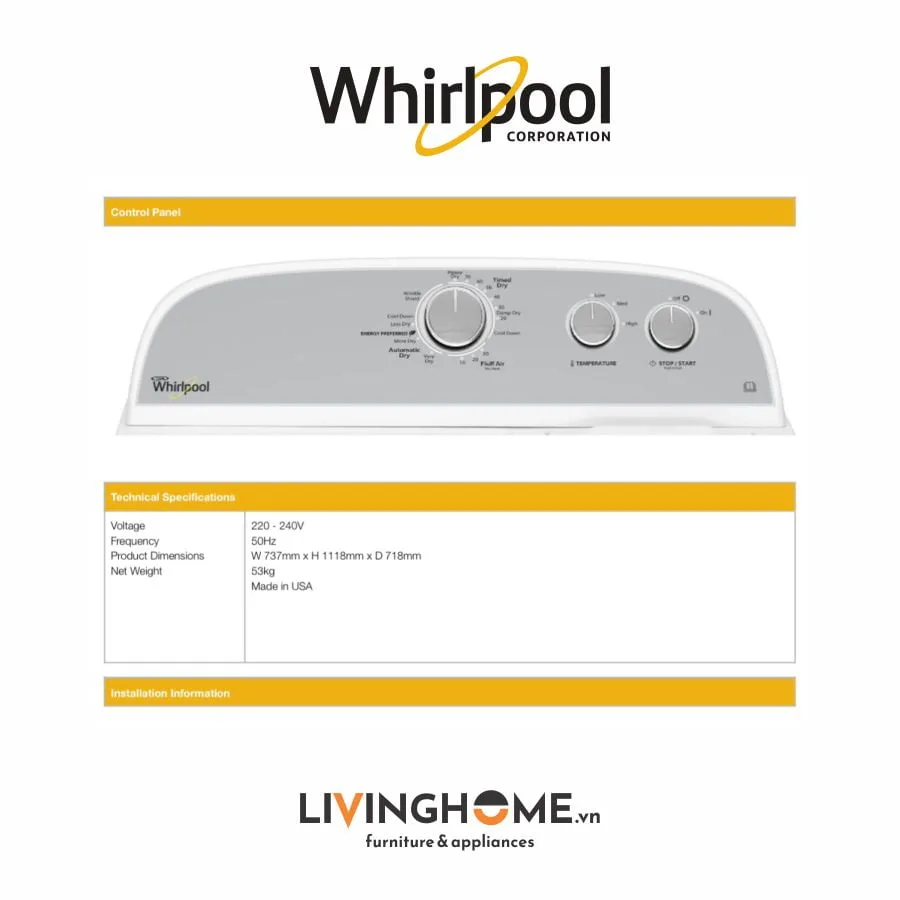 Máy sấy Whirlpool 3LWED4815FW 15 Kg dung tích lớn tiện lợi