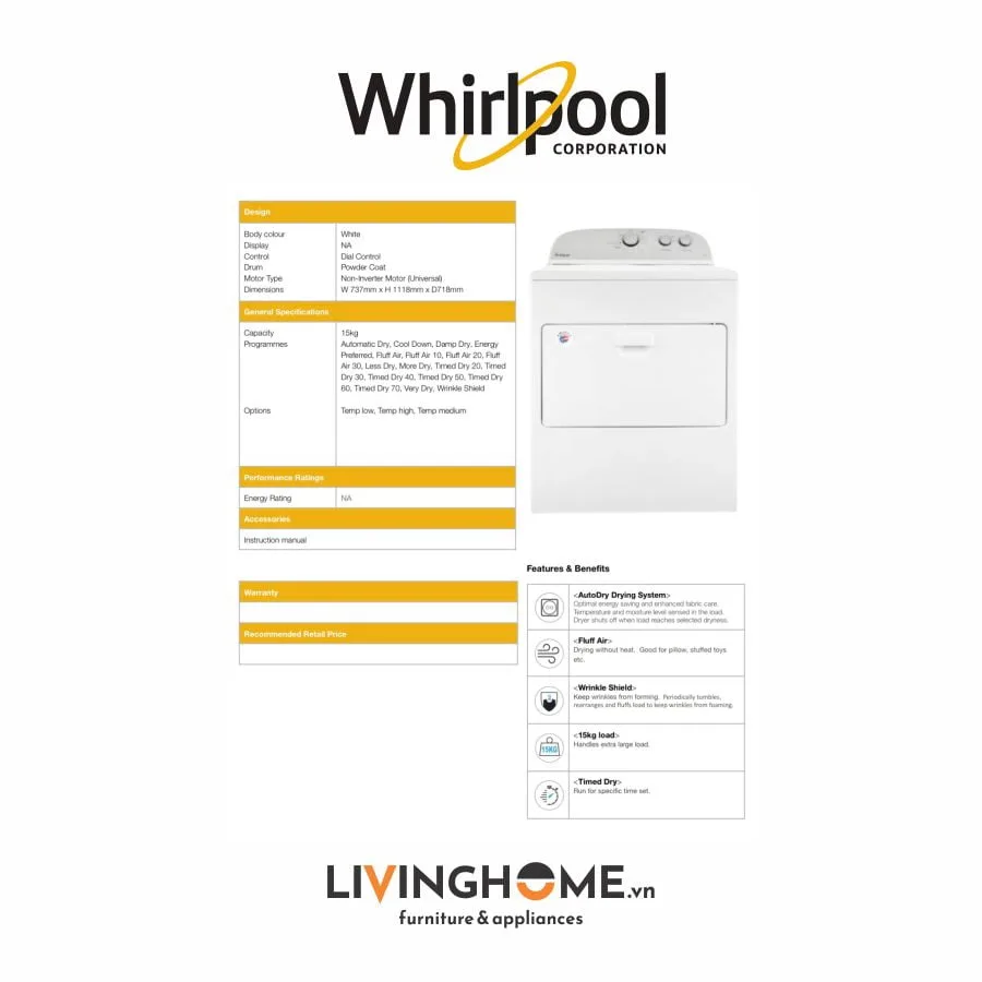 Máy Sấy Whirlpool 3LWED4815FW 15 Kg, Sấy Thông Hơi 34 Máy sấy Whirlpool 3LWED4815FW 15 Kg dung tích lớn tiện lợi