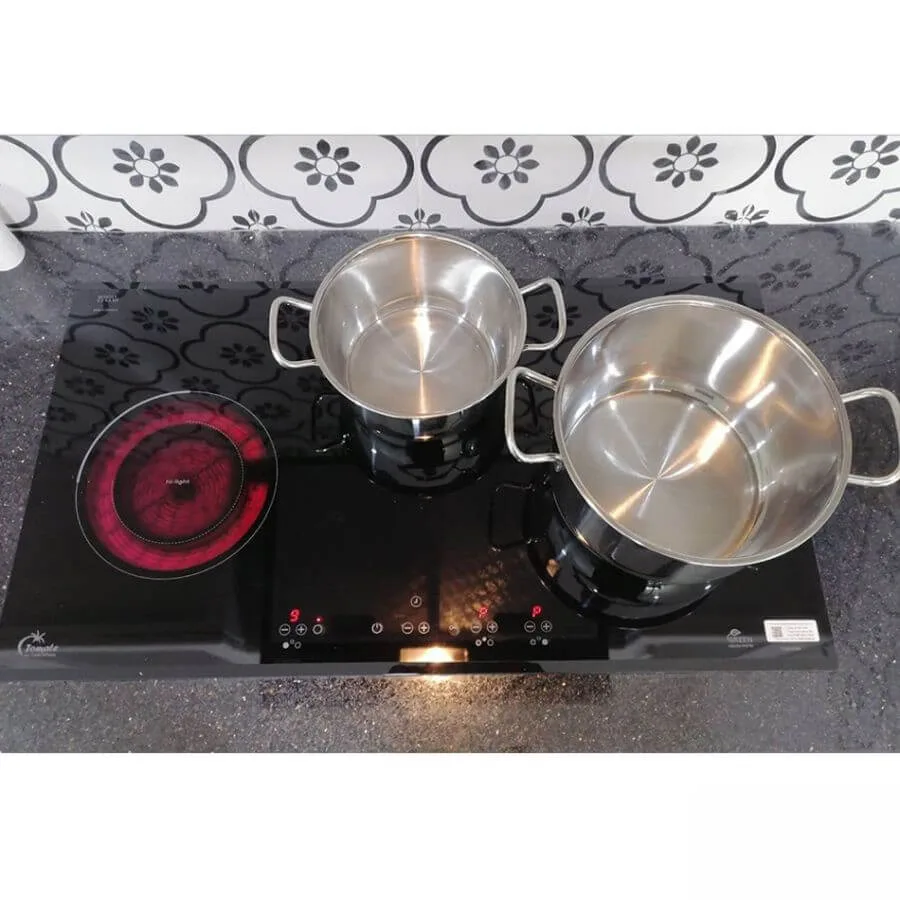 Bếp Điện Từ Tomate TOM 03IR, 77CM, 2 Từ 1 Điện, Mặt Kính Schott Ceran