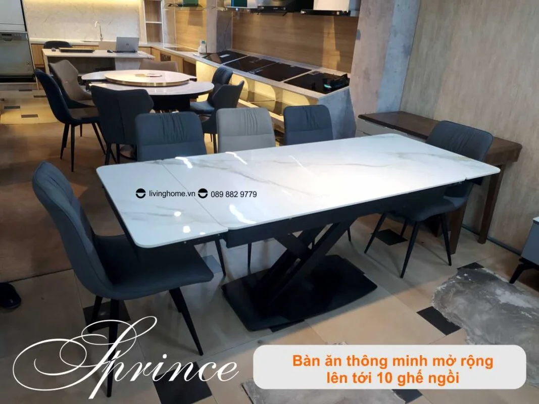 Bàn Ăn Mặt Đá Cao Cấp Thông Minh Mở Rộng - PRINCE Trắng 12 Bàn ăn thông minh mặt đá phiến Prince trắng núi tuyết
