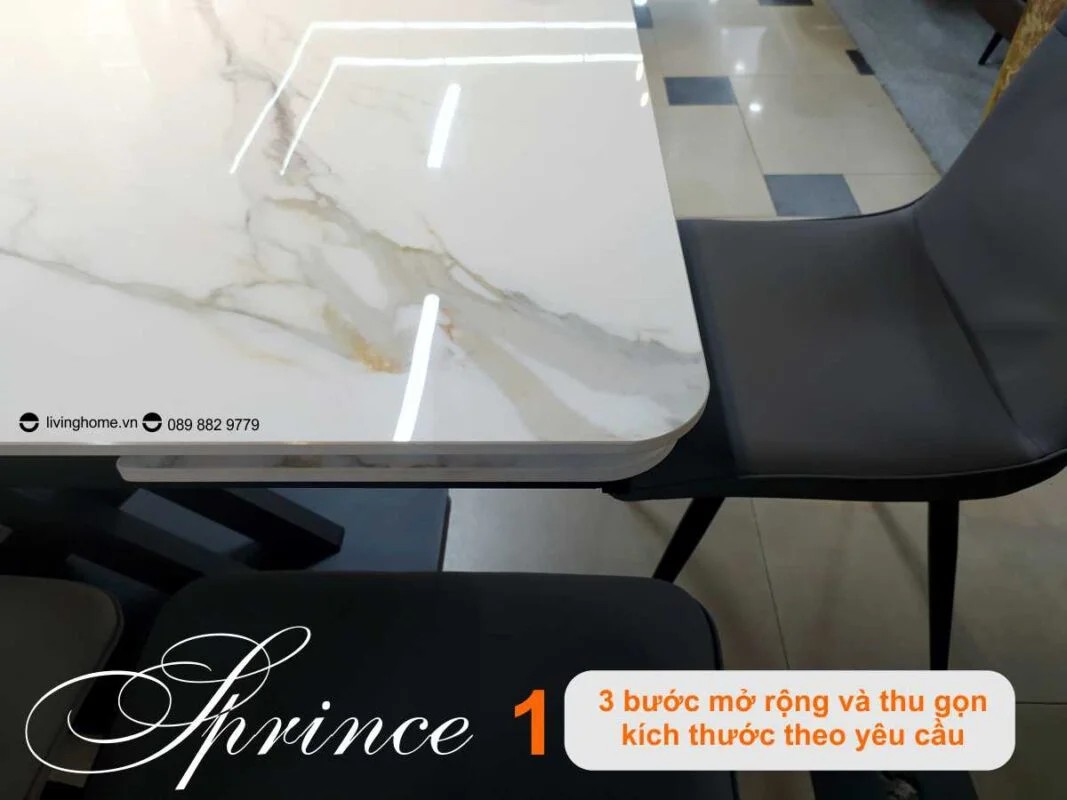 Bàn Ăn Mặt Đá Cao Cấp Thông Minh Mở Rộng - PRINCE Trắng 23 Bàn ăn thông minh mặt đá phiến Prince trắng núi tuyết