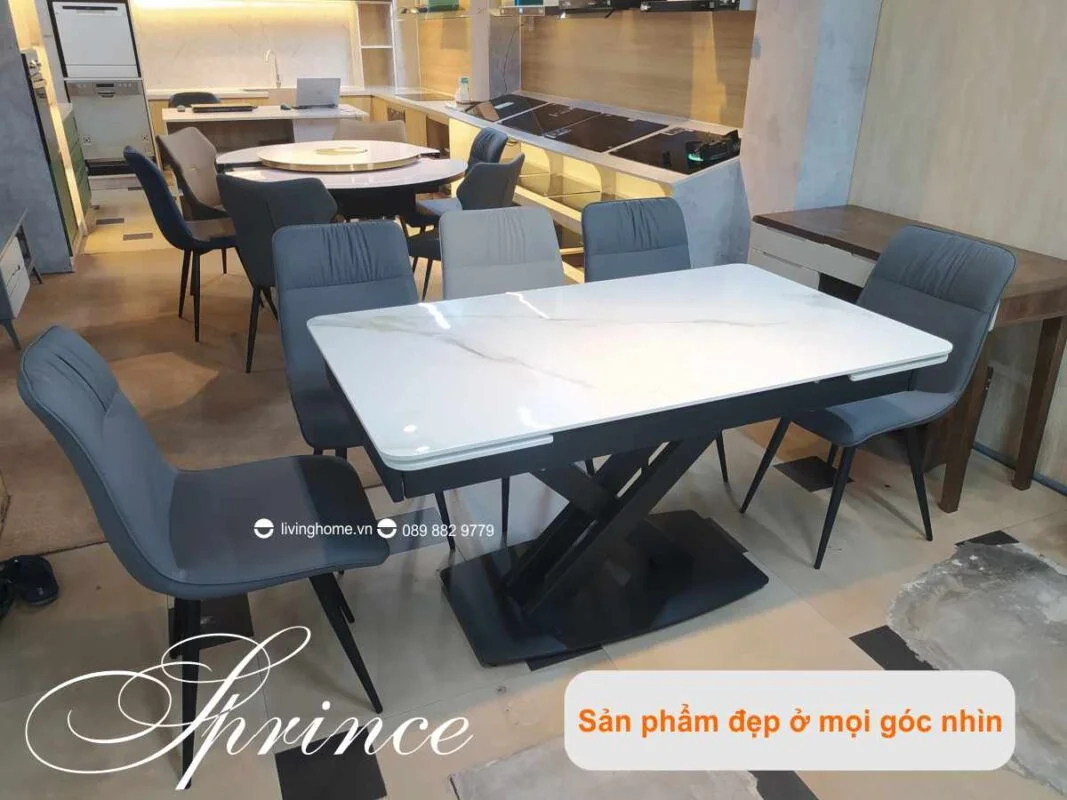 Bàn Ăn Mặt Đá Cao Cấp Thông Minh Mở Rộng - PRINCE Trắng 13 Bàn ăn thông minh mặt đá phiến Prince trắng núi tuyết