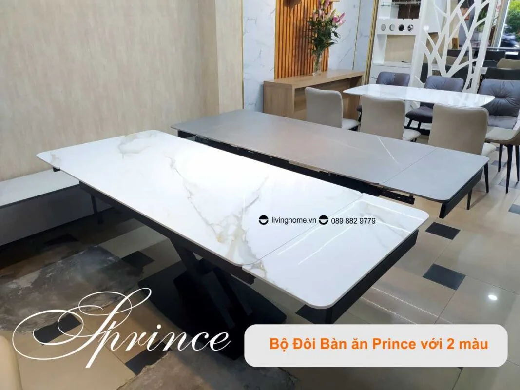 Bàn Ăn Mặt Đá Cao Cấp Thông Minh Mở Rộng - PRINCE Trắng 20 Bàn ăn thông minh mặt đá phiến Prince trắng núi tuyết