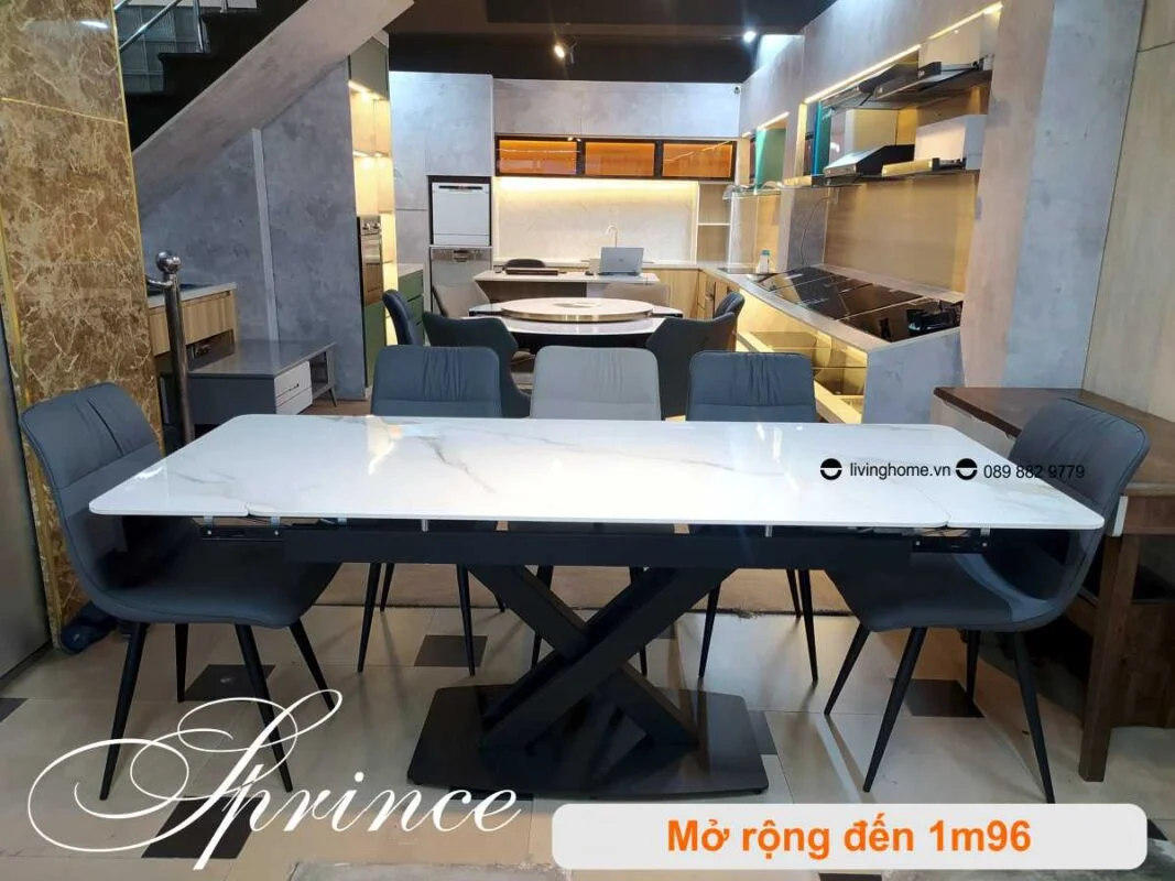 Bàn Ăn Mặt Đá Cao Cấp Thông Minh Mở Rộng - PRINCE Trắng 19 Bàn ăn thông minh mặt đá phiến Prince trắng núi tuyết