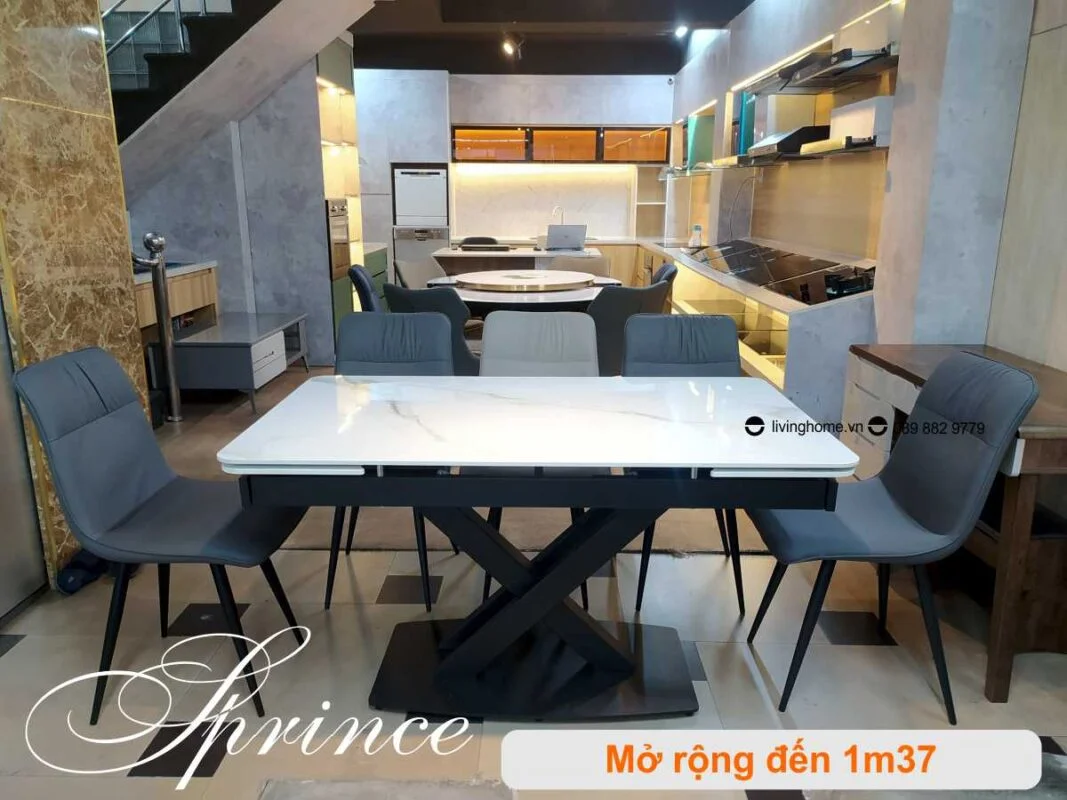 Bàn Ăn Mặt Đá Cao Cấp Thông Minh Mở Rộng - PRINCE Trắng 18 Bàn ăn thông minh mặt đá phiến Prince trắng núi tuyết