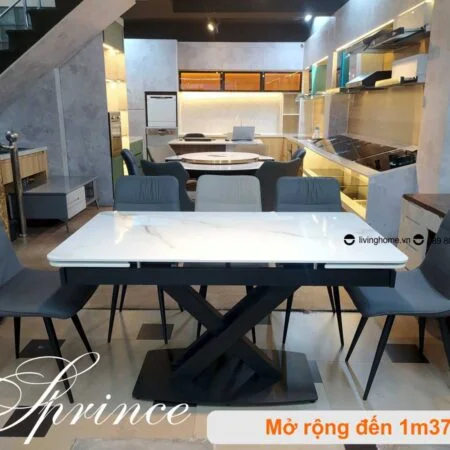Bàn Ăn Mặt Đá Cao Cấp Thông Minh Mở Rộng - PRINCE Trắng 8 Bàn ăn thông minh mặt đá phiến Prince trắng núi tuyết