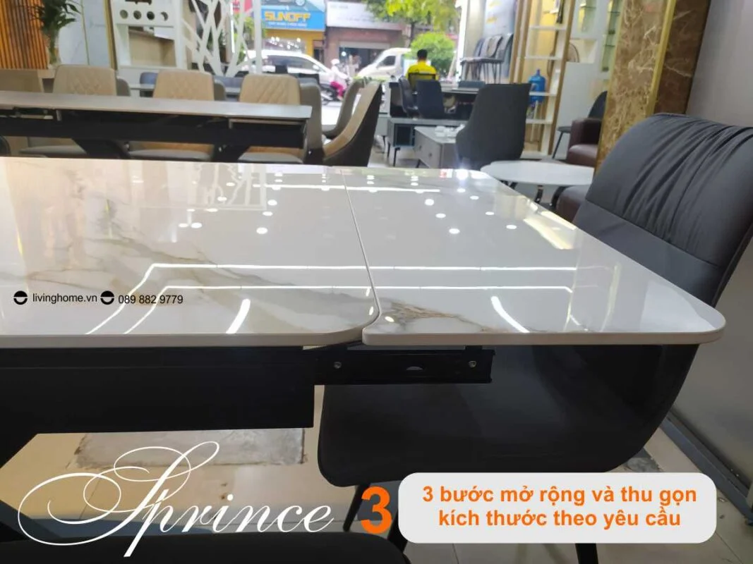 Bàn Ăn Mặt Đá Cao Cấp Thông Minh Mở Rộng - PRINCE Trắng 25 Bàn ăn thông minh mặt đá phiến Prince trắng núi tuyết